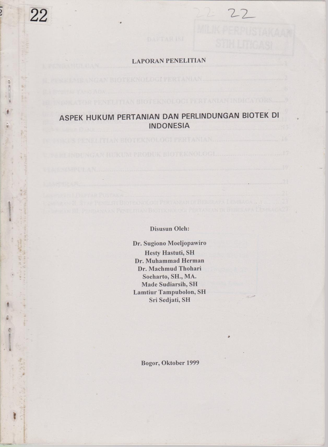 Laporan Penelitian : Aspek Hukum Pertanian Dan Perlindungan Biotek Di Indonesia