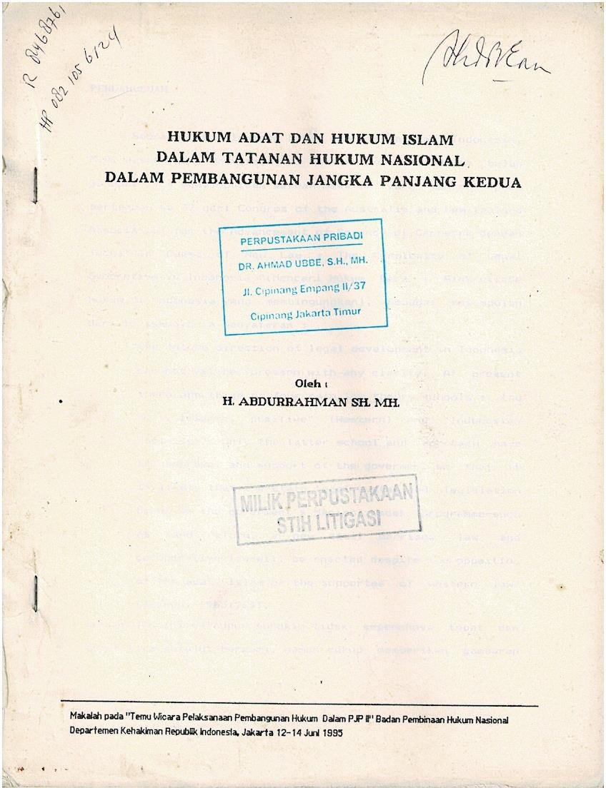 Hukum Adat Dan Hukum Islam Dalam Tatanan Hukum Nasional Dalam Pembangunan Jangka Panjang Kedua