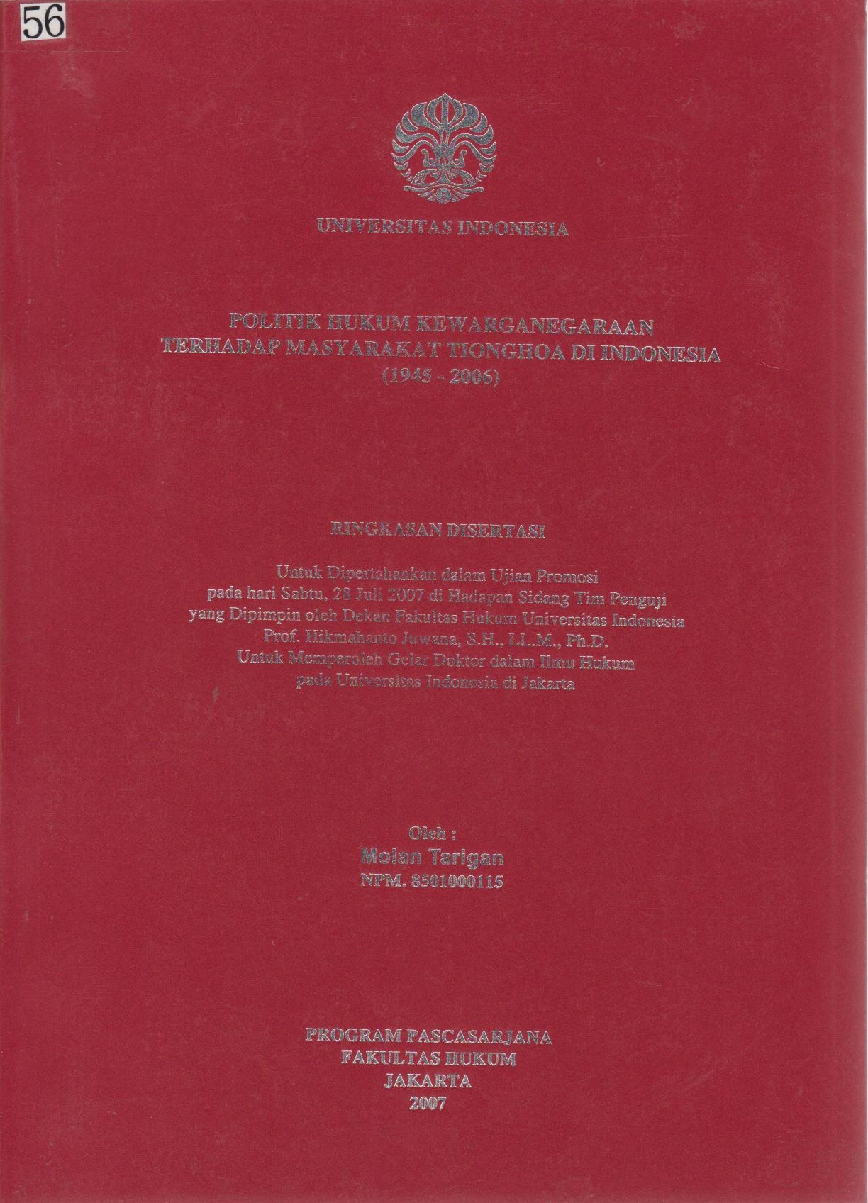 Politik Hukum Kewarganegaraan Terhadap Masyarakat Tionghoa Di Indonesia (1945 - 2006)