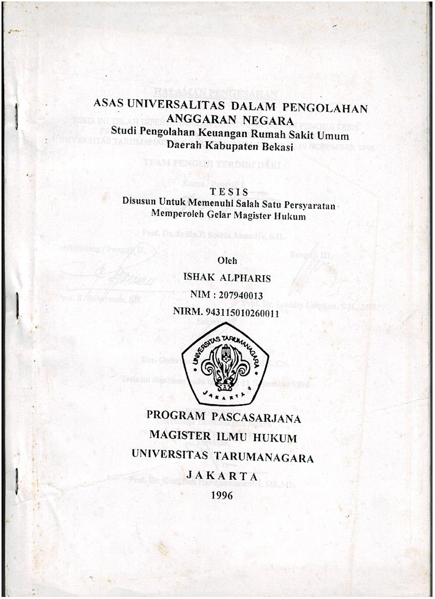 Asas Unversalitas Dalam Pengolahan Anggaran Negara : Studi Pengolahan Keuangan Rumah Sakit Umum Daerah Kabupaten Bekasi