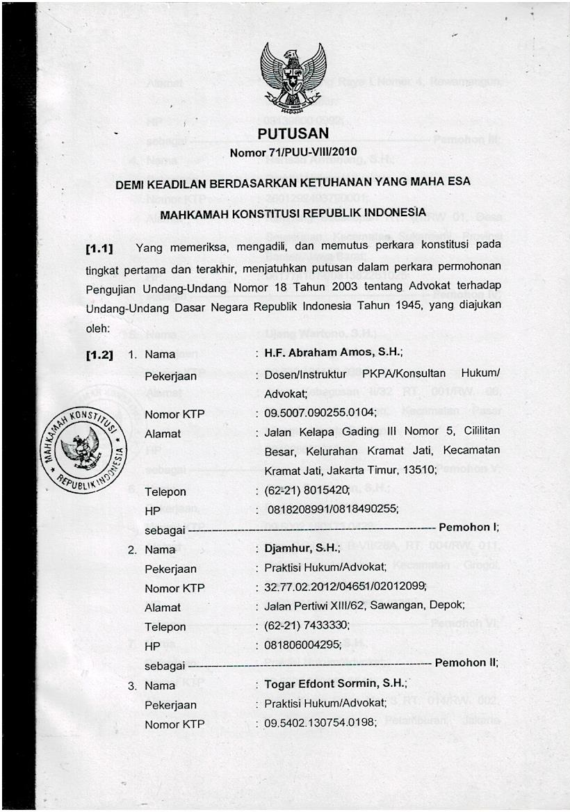 Putusan Nomor 71/PUU-VIII/2010 Demi Keadilan Berdasarkan Ketuhanan Yang Maha Esa Mahkamah Konstitusi Republik Indonesia