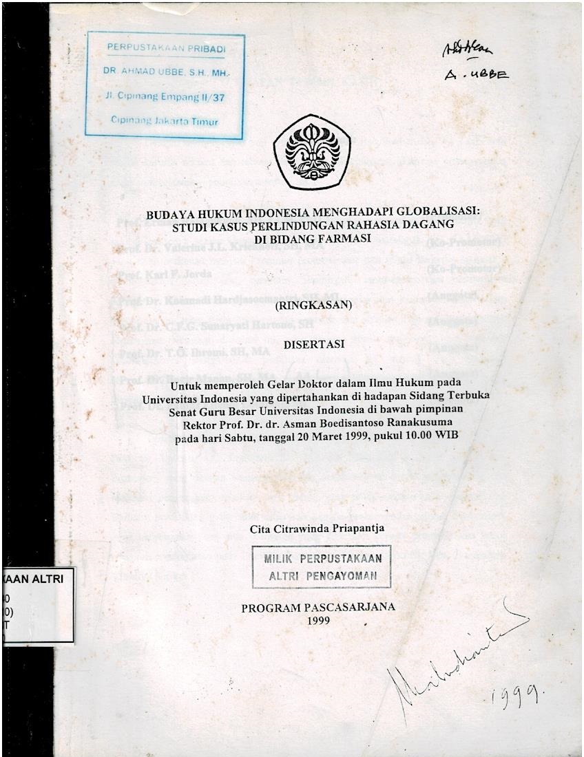 Budaya Hukum Indonesia Menghadapi Globalisasi Studi Kasus Perlindungan Rahasia Dagang Di Bidang Farmasi